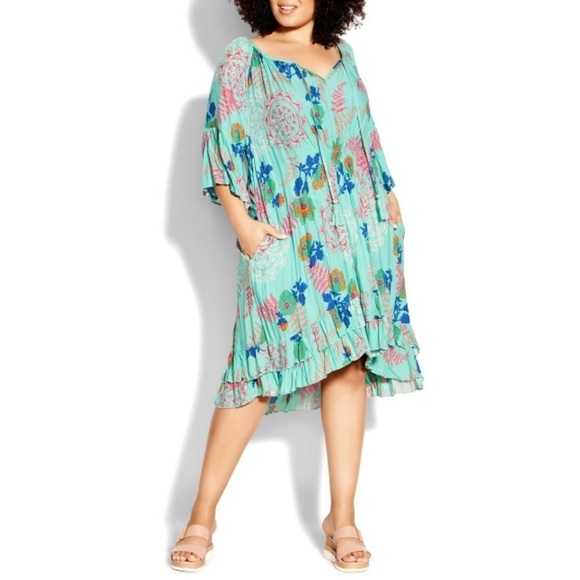 LORALETTE 26/28W Green Anyday Hi Lo Boho Crush Crinkle Dress W21.13 - Picture 1 of 6